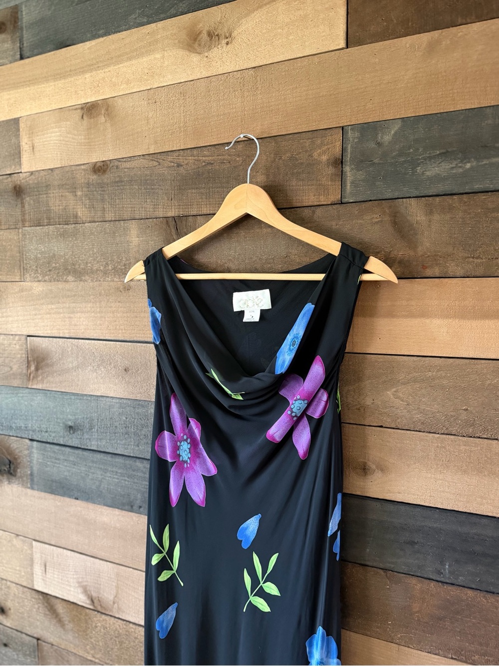 Vintage 1990s Caché Black Floral Rayon Maxi Dress Cowl Neck Sleeveless Medium - Picture 5 of 12